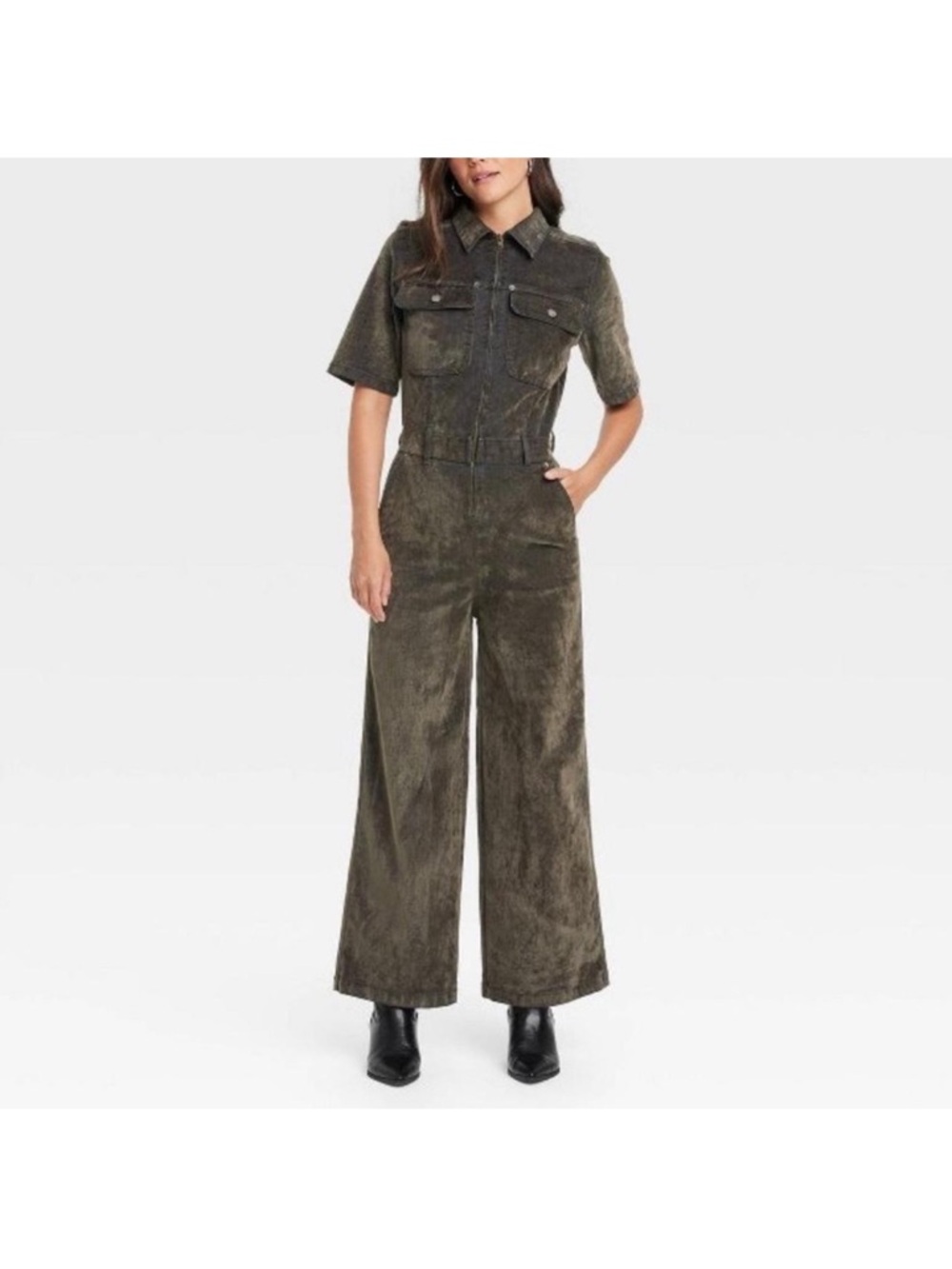 Universal Thread Olive Green Short-Sleeve Wide-Leg Jumpsuit
